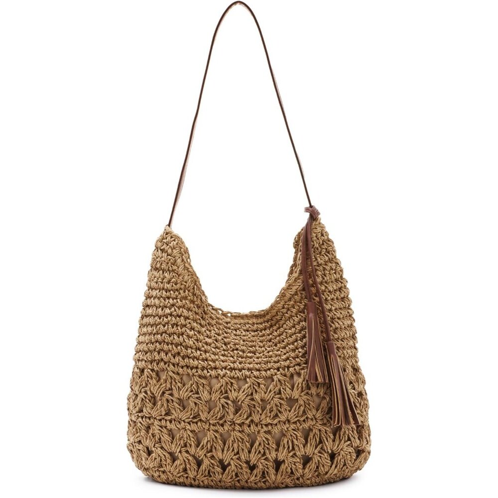 Women Straw Woven Tote Bag Summer Beach Shoulder Bag Handmade Crochet Hobo Purse